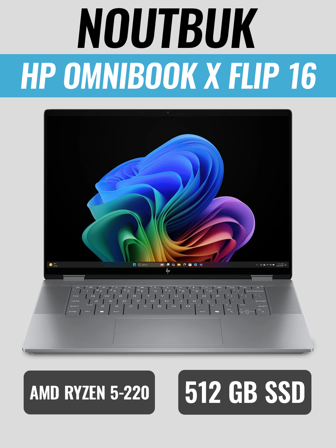 Ноутбук HP OmniBook X Flip 16-be0003dx|AMD Ryzen 5-220|DDR5 8GB|SSD 512GB/ 16" IPS Touch