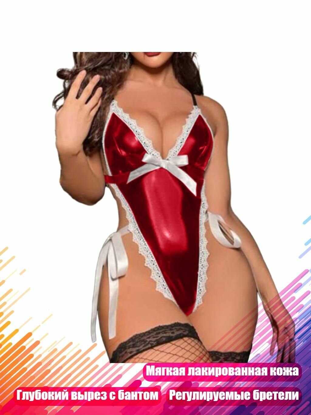Женское сексуальное боди из кожи с бантами и глубоким V-образным вырезом, красный - L
