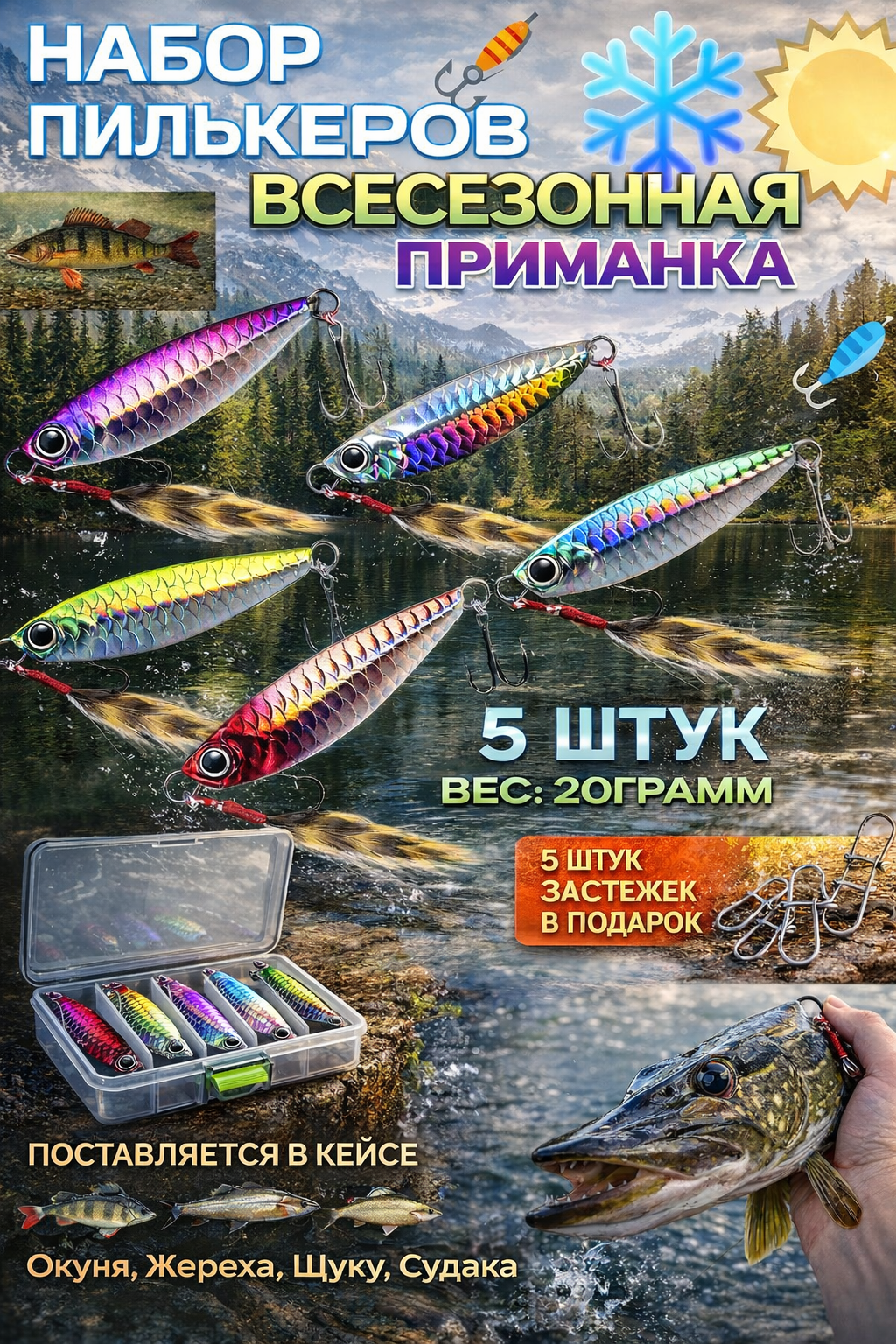 Набор блесен "Пилькер", для рыбалки на хищную рыбу, 5 штук, в кейсе, 20 г