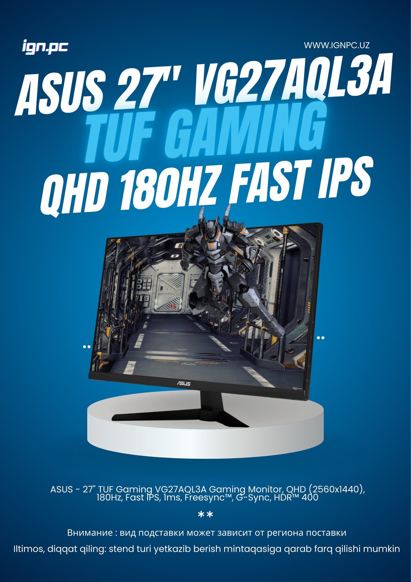 ASUS - 27" TUF Gaming VG27AQL3A Gaming Monitor, QHD (2560x1440), 180Hz, Fast IPS, 1ms, Freesync™, G-Sync, HDR™ 400