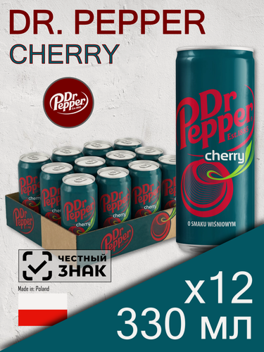 Изображение товара Dr. Pepper Cherry, 0.33 л, 12 шт, банка (газированный напиток Доктор Пеппер Черри, вишня, Польша)