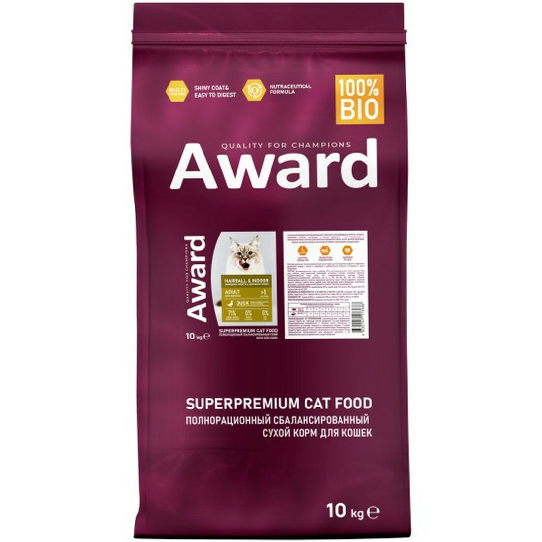 Корм AWARD Hairball & Indoor, для взрослых кошек, с уткой, индейкой, чечевицей и Юккой Шидигера, 10 кг