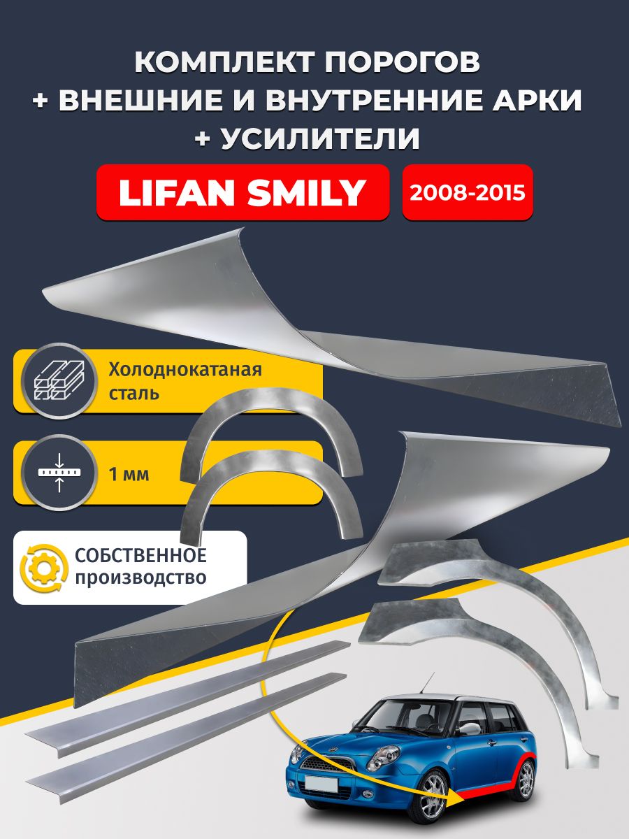 Комплект ремонтных задних внешних и внутренних арок (0,8 мм) + комплект порогов + усилители, на Lifan Smily 320330 2008-2018 (Лифан Смайли) Холоднокатаная сталь 1 мм