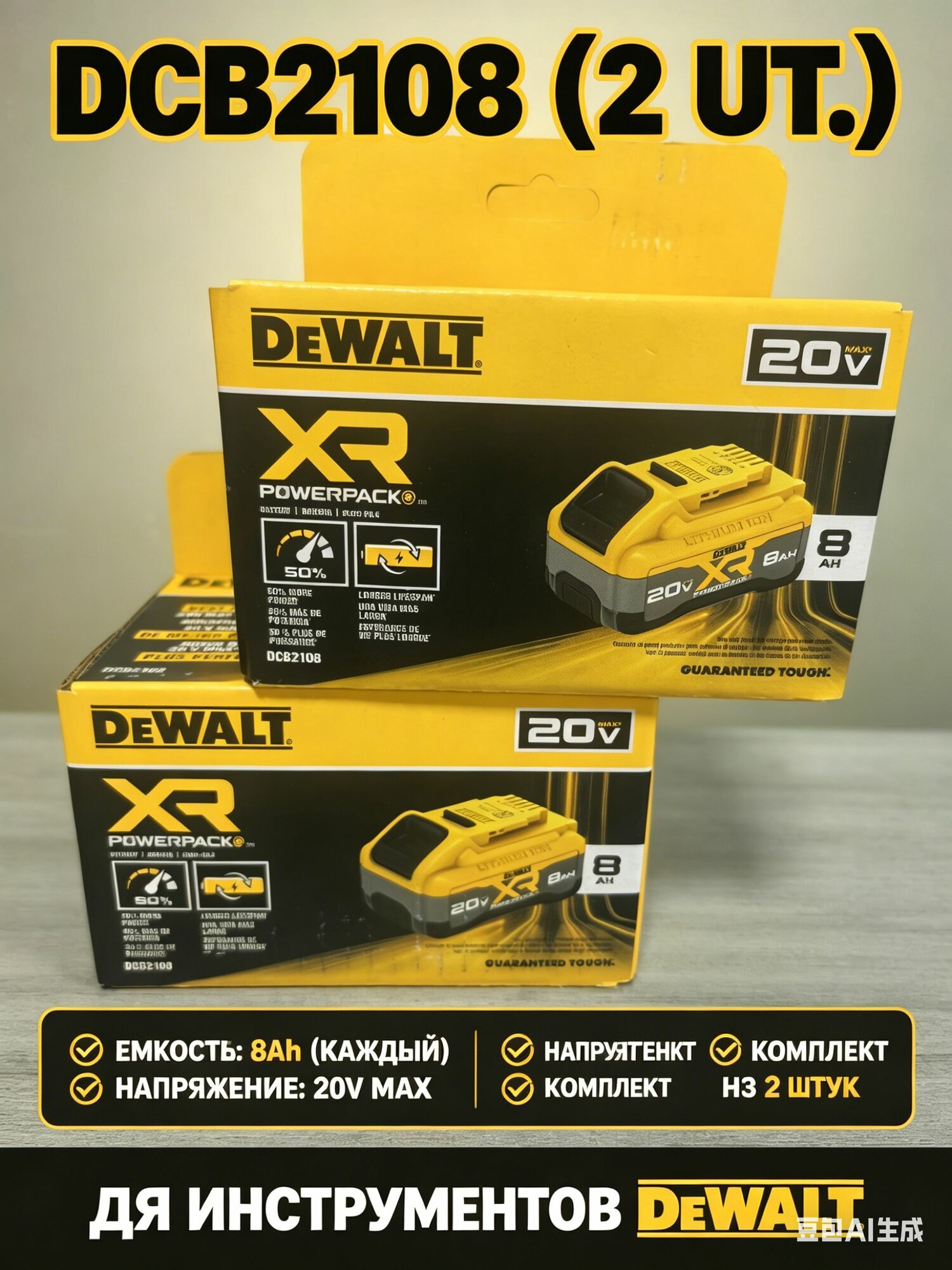 Комплект аккумуляторов DeWALT 20V XR Powerpack 8Ah DCB2108 (2 шт.)