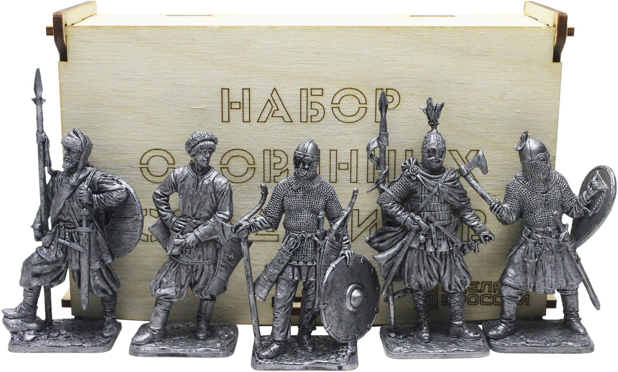 "Русские средневековые воины" №9ЕК (5 н/к) в фанерной коробке набор оловянных солдатиков некрашеных