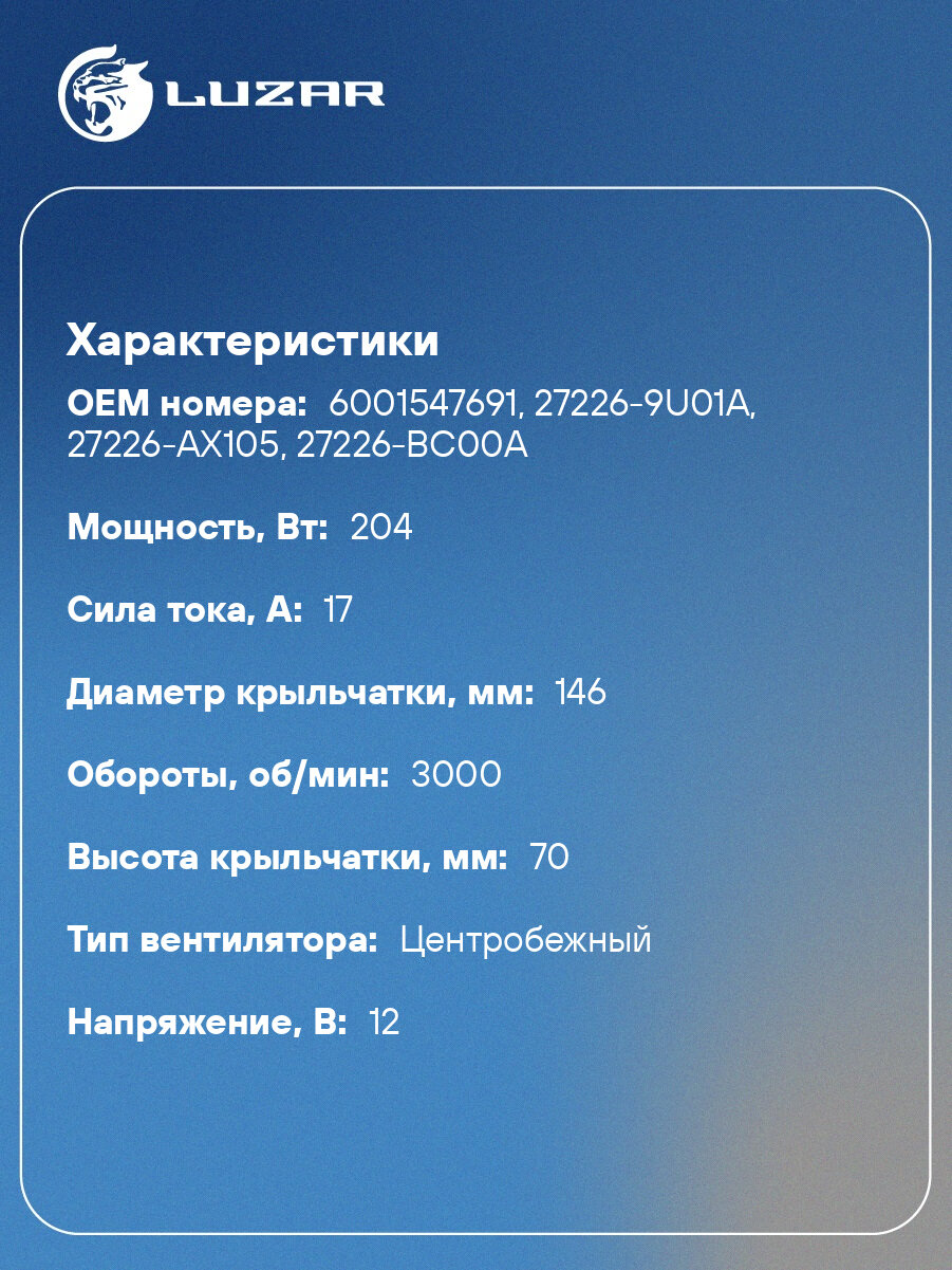 Электровентилятор отопителя для автомобилей Лада Largus (12-)/Renault Logan (08-)/Duster (10-) A/C- LFh 0991 LUZAR — фото 1