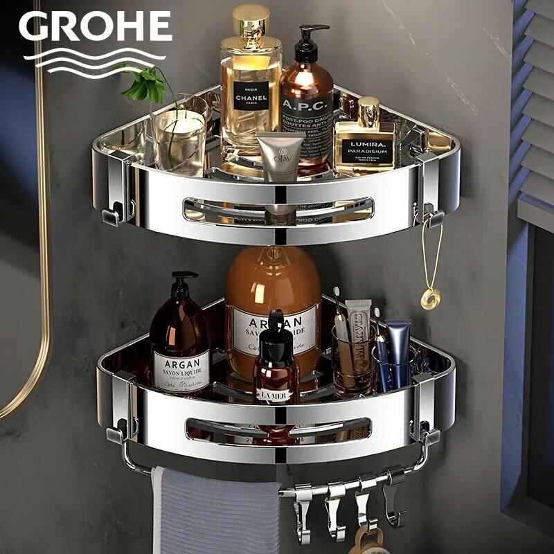 Полка для ванны GROHE угловая двухъярусная с крючком металл 4.5x21 см