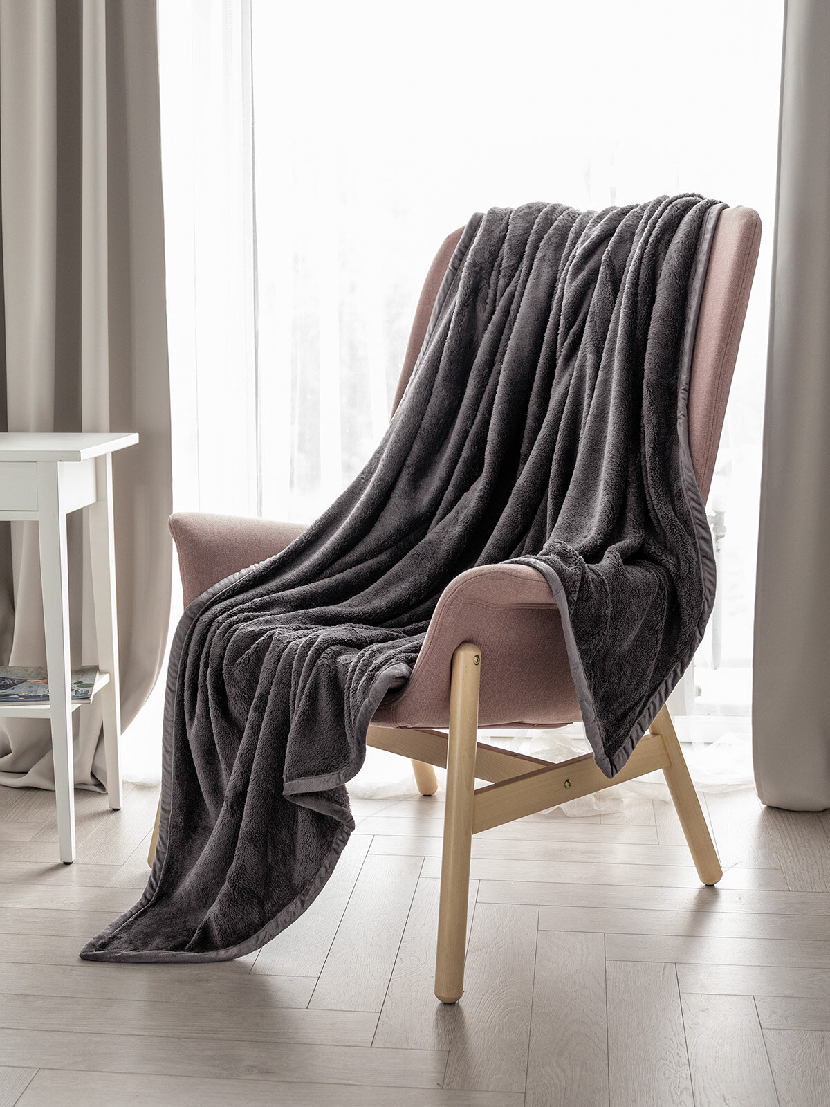 Плед DeNASTIA "Тедди" 200x220 см, велсофт, плюшевый, цвет темно-серый — фото 1