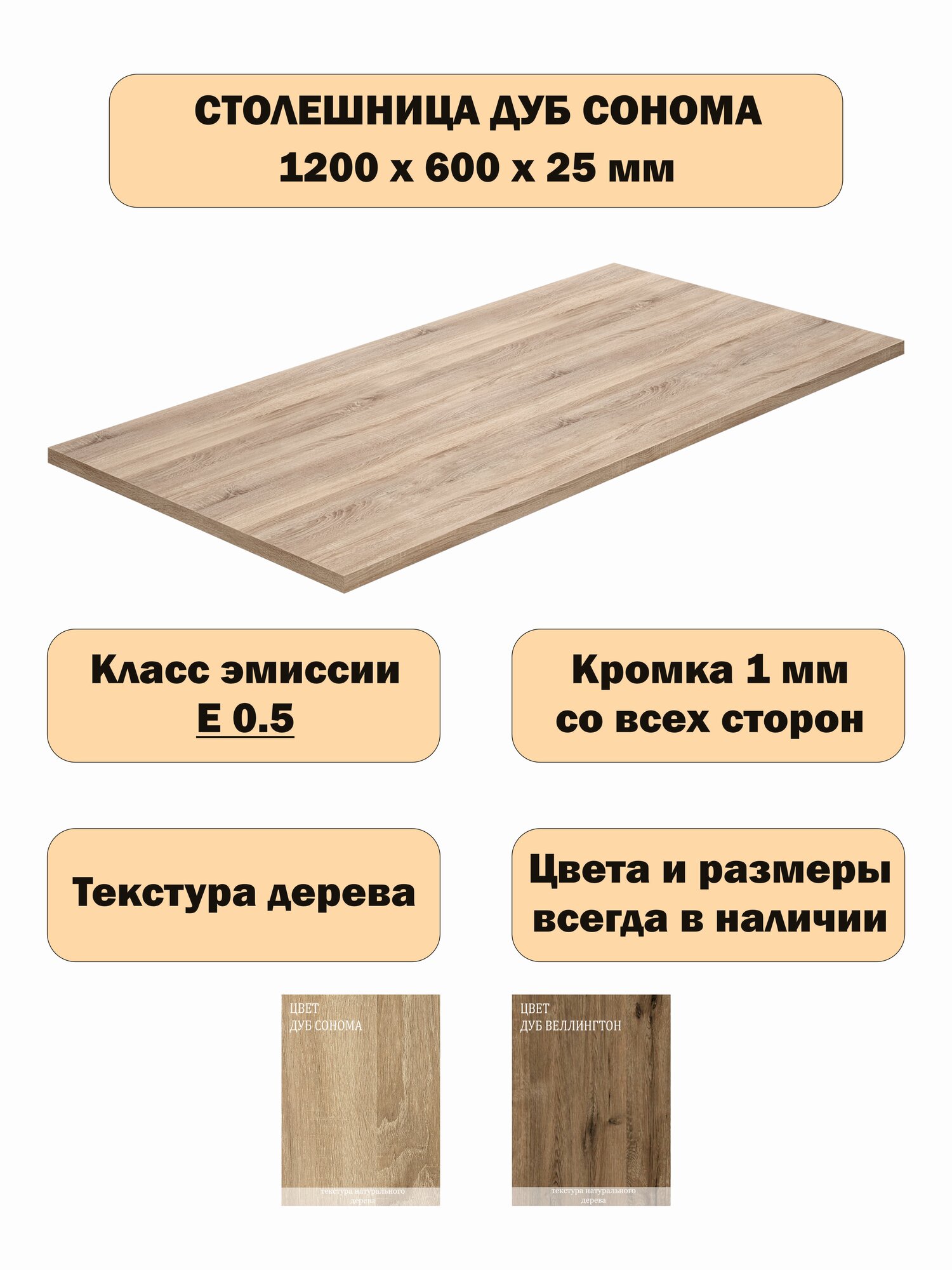 Столешница ЛДСП Дуб Сонома / кромка в цвет оригинал 1200х600 мм 25мм для стола для кухни для барной стойки 120х60см