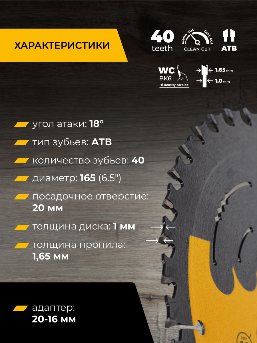 Диск пильный Clean Cut 165 мм (6 1/2") 40Z твердосплавный по дереву, фанере, МДФ, ламинату, чистый рез, посадка 20+16 мм, RAGE Furious, для циркулярной пилы — фото 1