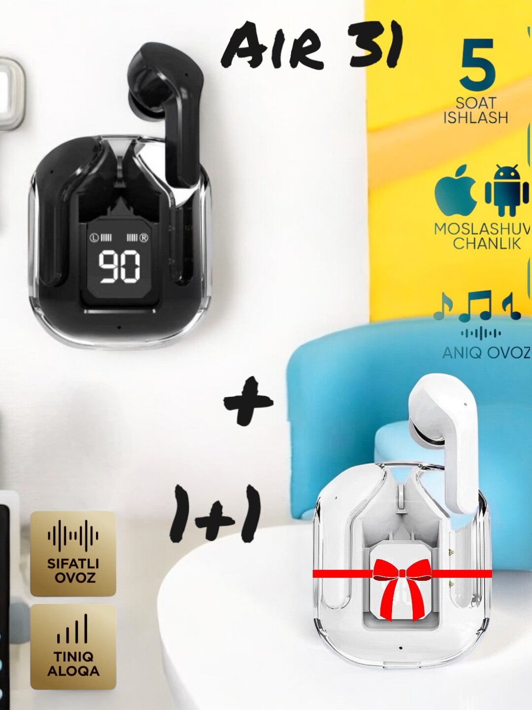 Беспроводные наушники Air 31 с дисплеем микрофоном, Bluetooth 5.3