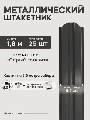 Изображение товара Штакетник забор металлический, 180 см, 85 мм, 25 шт, (серый графит), для дачи и огорода
