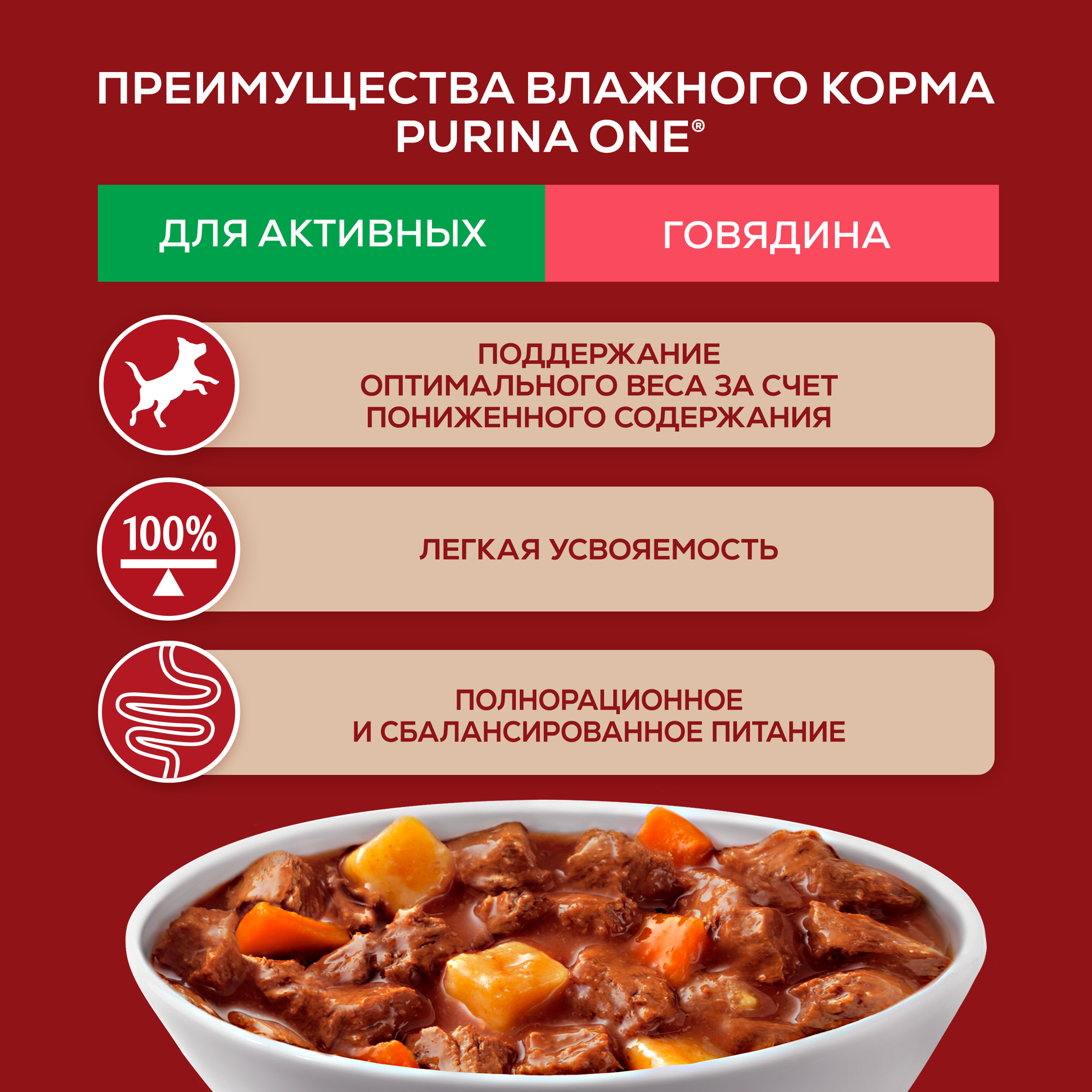 Влажный корм Purina ONE® мини для активных собак мелких пород с говядиной, картофелем и морковью в подливе 85 г x 26 шт — фото 1