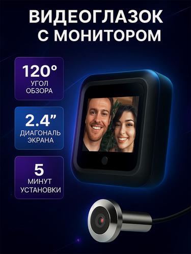 Изображение товара Видеоглазок для входной двери с монитором, записью на карту памяти, беспроводной, работа от сети и батареек
