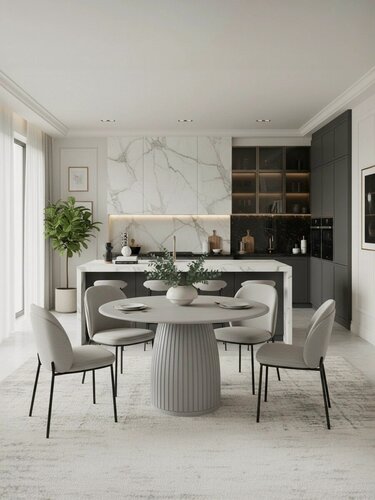 Изображение товара Стол круглый раздвижной кухонный Barrel, 110(190) х 110 см, Белый камень, опора серая