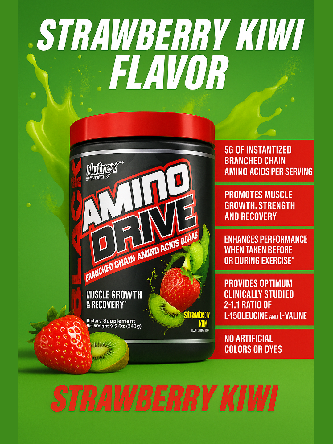 Nutrex Amino Drive, аминокислоты BCAA 2:1:1 (порошок), 261 г, 30 порций, вкус киви-клубника