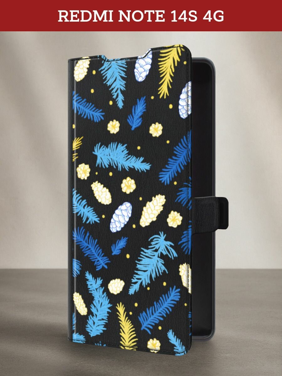 Чехол-книжка на Xiaomi Redmi Note 14S 4G / Редми Нот 14S 4G с рисунком "Елки и шишки"
