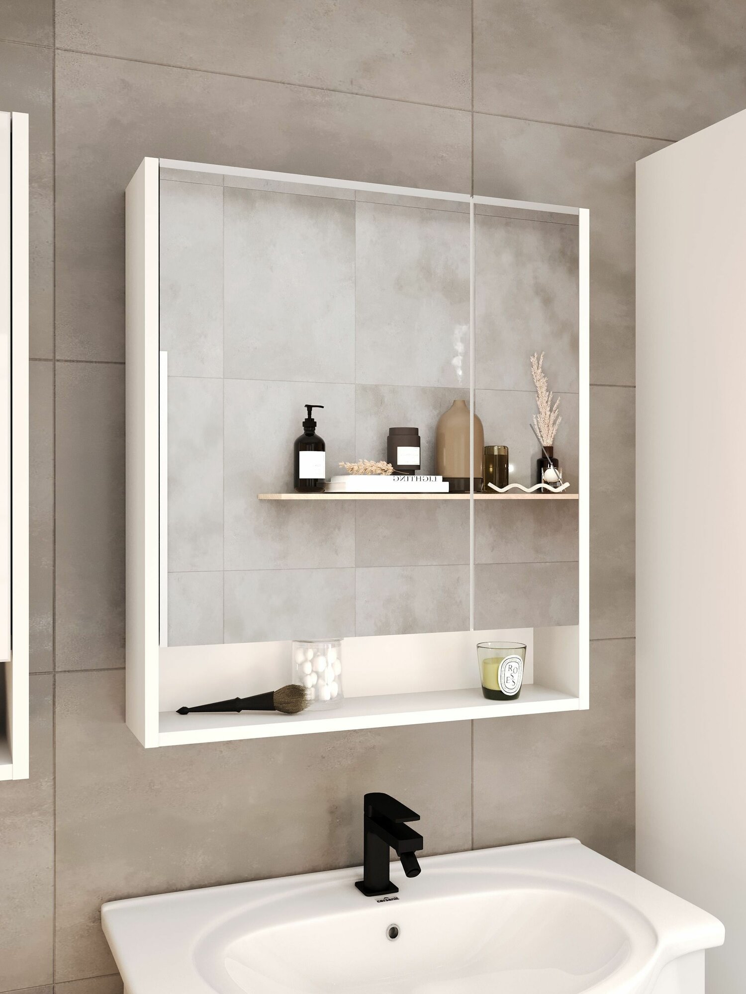 Зеркало в ванную с шкафом, Fauraplus Глория 60 белый, левый, влагостойкий, распашной, навесной