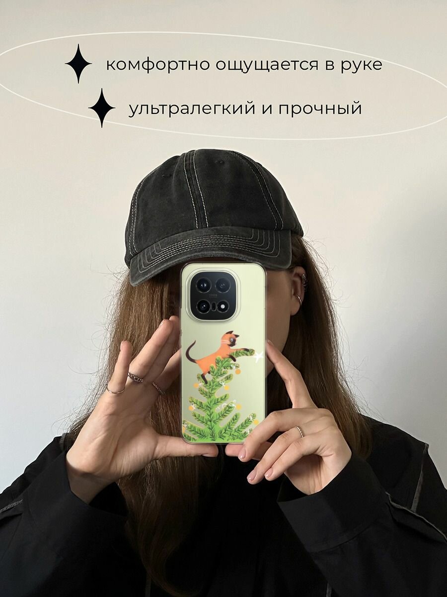 Чехол на Vivo iQOO 15 / Виво iQOO 15 с принтом Кот на елке, прозрачный — фото 1