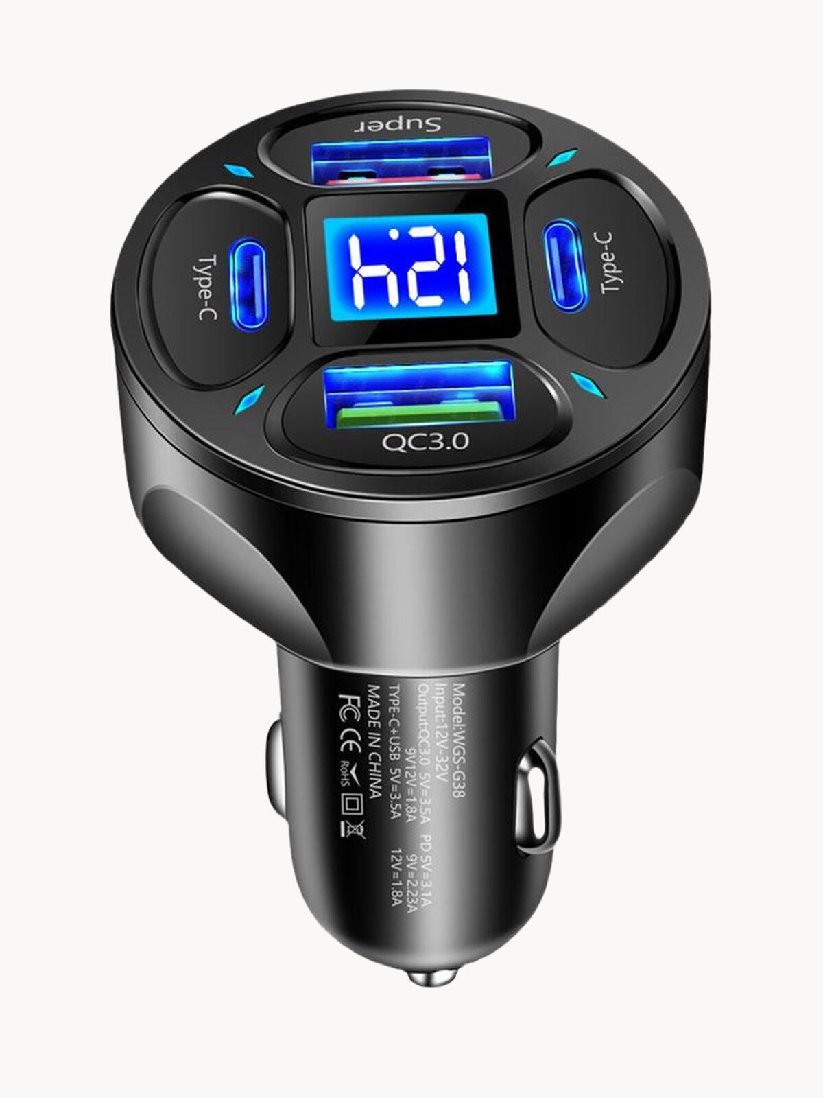 Автомобильное зарядное устройство для телефона Alisafox с вольтметром быстрой зарядкой в прикуриватель 2USB + 2Type-c