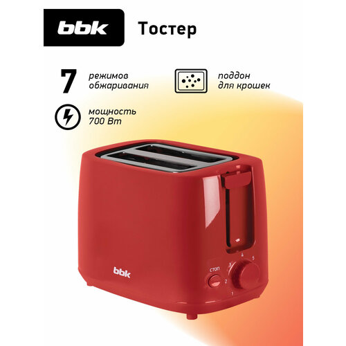 фото Тостер с двумя отделениями для тостов bbk tr82 красный, мощность 700 вт
