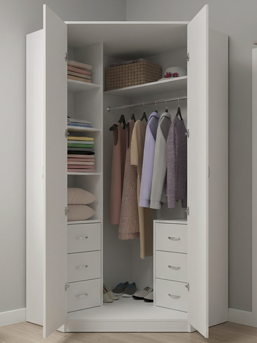 Изображение товара Шкаф угловой распашной Анри-4 с 6 ящиками, 5 полками и штангой для вешалок, белый