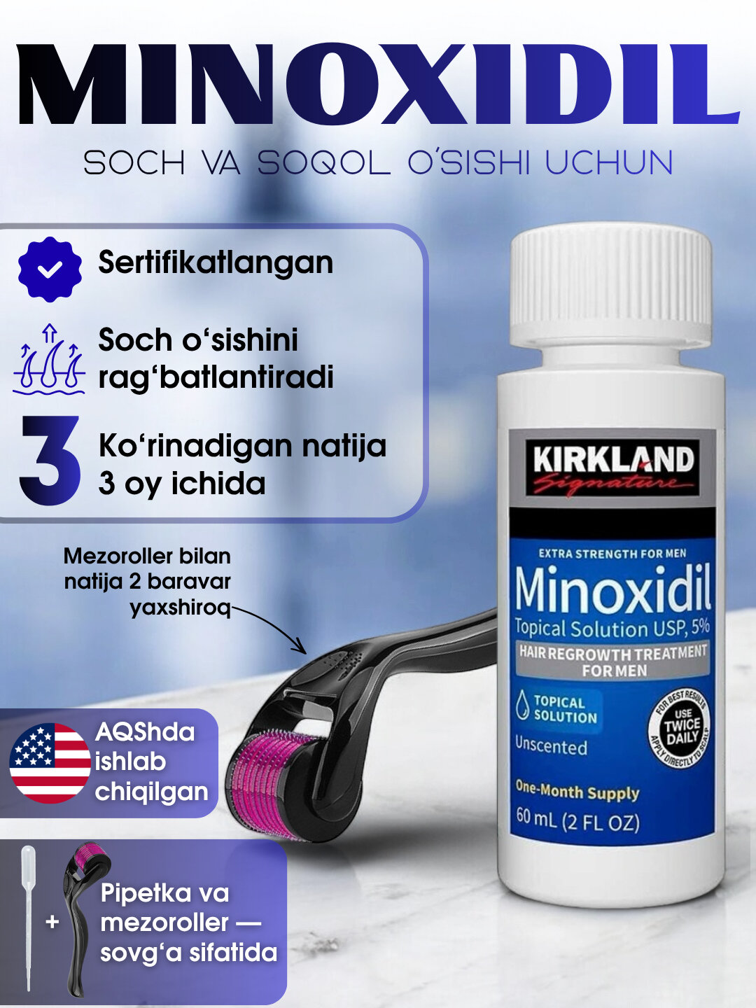 Миноксидил для роста волос и бороды Minoxidil 5%, 60 мл Стимулирует рост волос и бороды