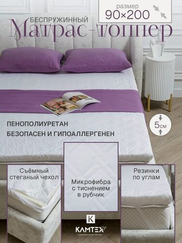 Изображение товара Матрас топпер 90х200 беспружинный гипоалергенный средняя жесткость ткань в рубчик микрофибра
