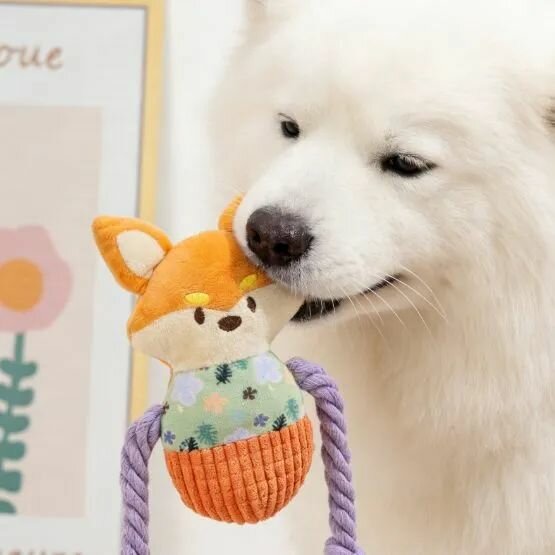 Игрушка для собак "Лис", с веревочными ручками и пищалкой, коралловая