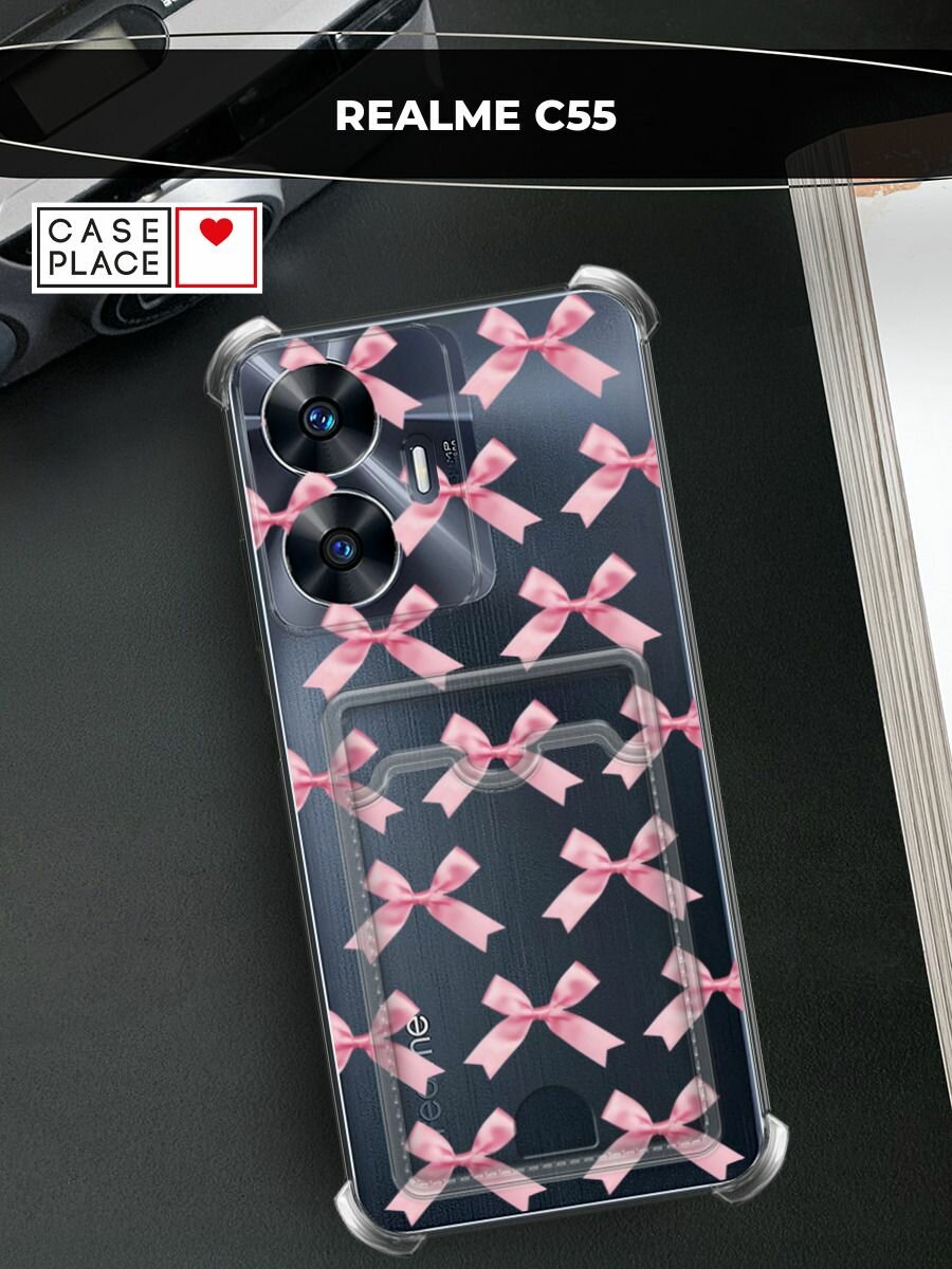 Чехол на Realme C55 (Реалми C55) с картой и принтом Атласные розовые бантики