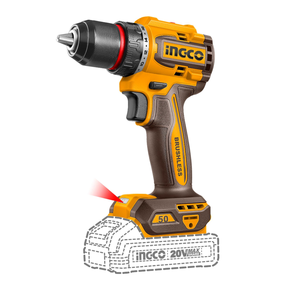 Шуруповерт INGCO CDLI205062, бесщеточный, 2 скорости, 2 АКБ, кейс — фото 1