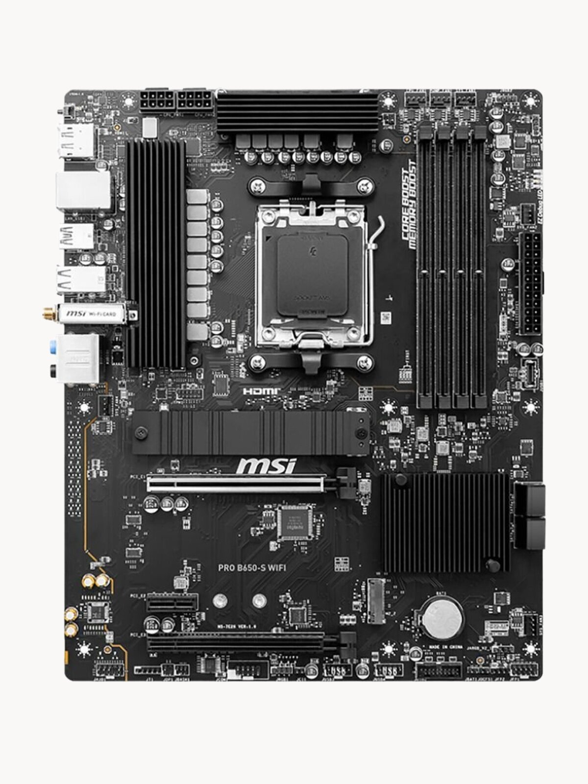 Материнская плата MSI PRO B650-S WIFI 601-7E26-040,10 801-7E26-004 STD OPT: C PRO B650-S WIFI, B650, AM5, 4DDR5, 2PCI-Ex16, 1PCI-Ex1, 2M.2, 4SATA3, 1USB 20G, 4USB 10G, 6US