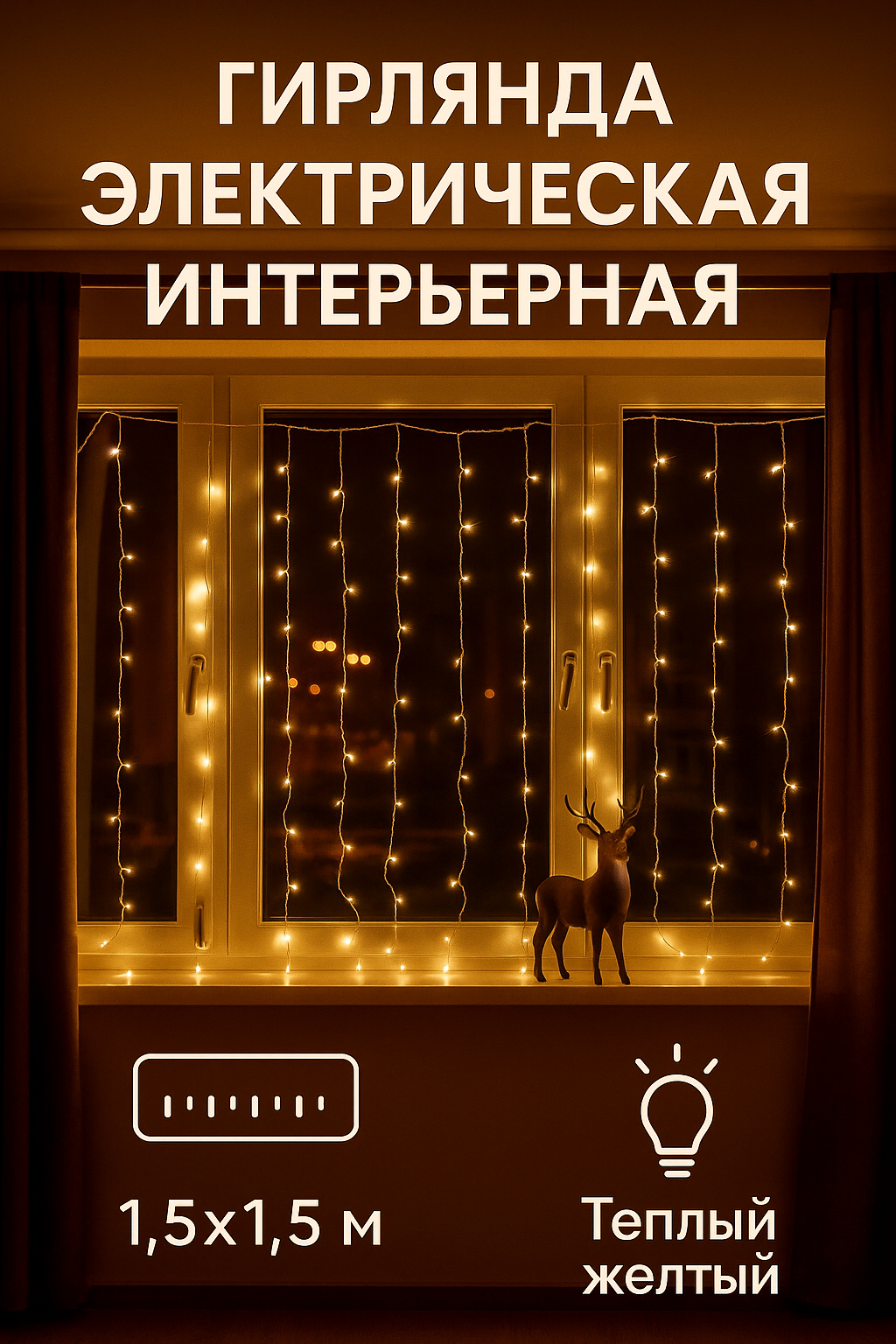 Гирлянда электрическая интерьерная 15х15метра /160 LED/Светодиодная штора- занавес /Теплый желтый/Серия: Лапландия