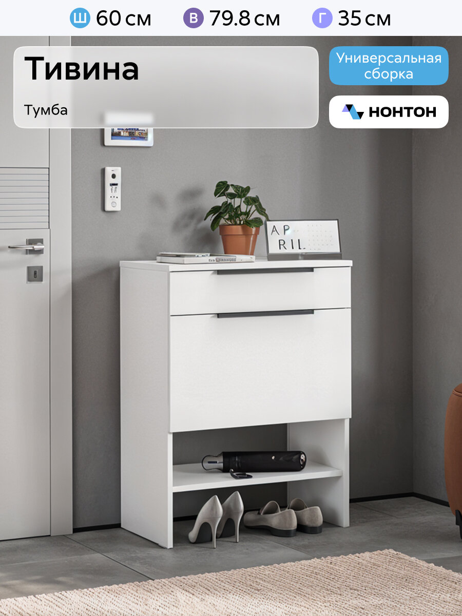 Обувница в прихожую закрытая с ящиком Нонтон Тивина белый текстурный 60x35x80 см