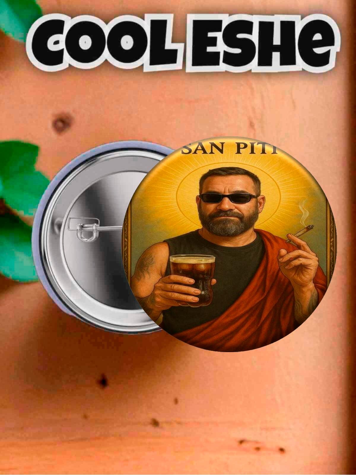 Значок "San Piti, мужик со стаканом" из коллекции "Креатив" 44 мм