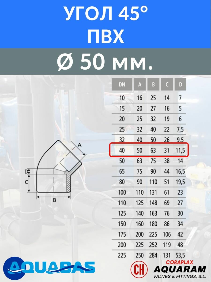 Угол ПВХ 45 градусов D50 клеевой, 1 шт. — фото 1