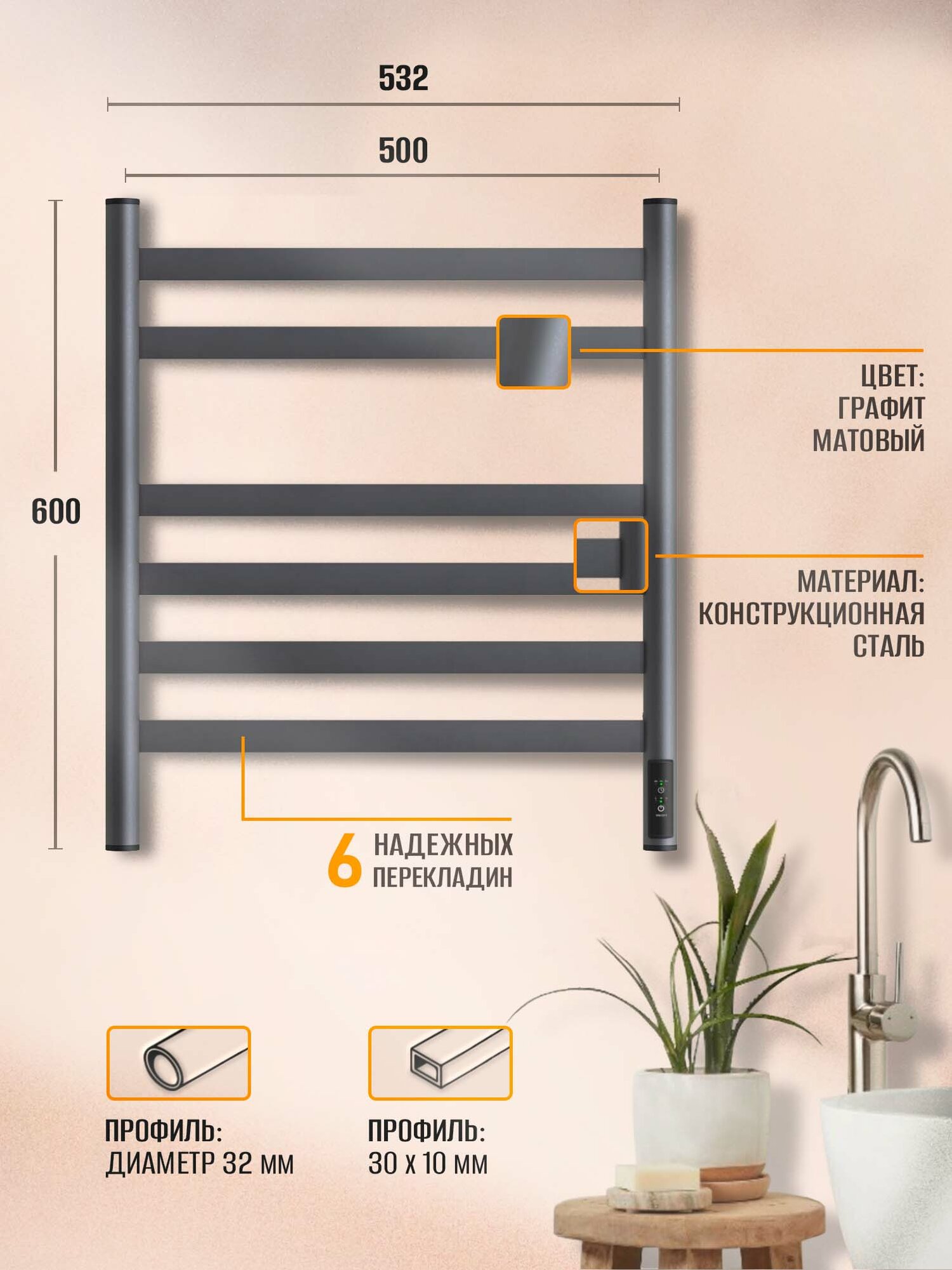 Полотенцесушитель электрический Суховей Соната SSF65001GM 60x50 см/ графит матовый / Сушилка для полотенец в ванную/ лесенка с терморегулятором — фото 1