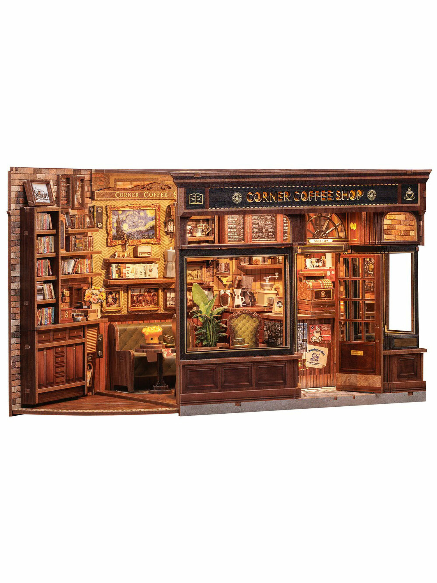 Румбокс CuteBee Corner Coffee Shop деревянный конструктор 3D пазл для книжной полки, с подсветкой