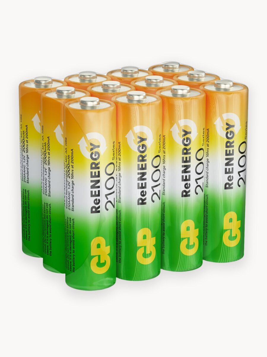 Батарейки АА аккумуляторные пальчиковые GP серия 2100, аккумуляторы 2000 мАч Ni-Mh, набор 12 шт. RGY