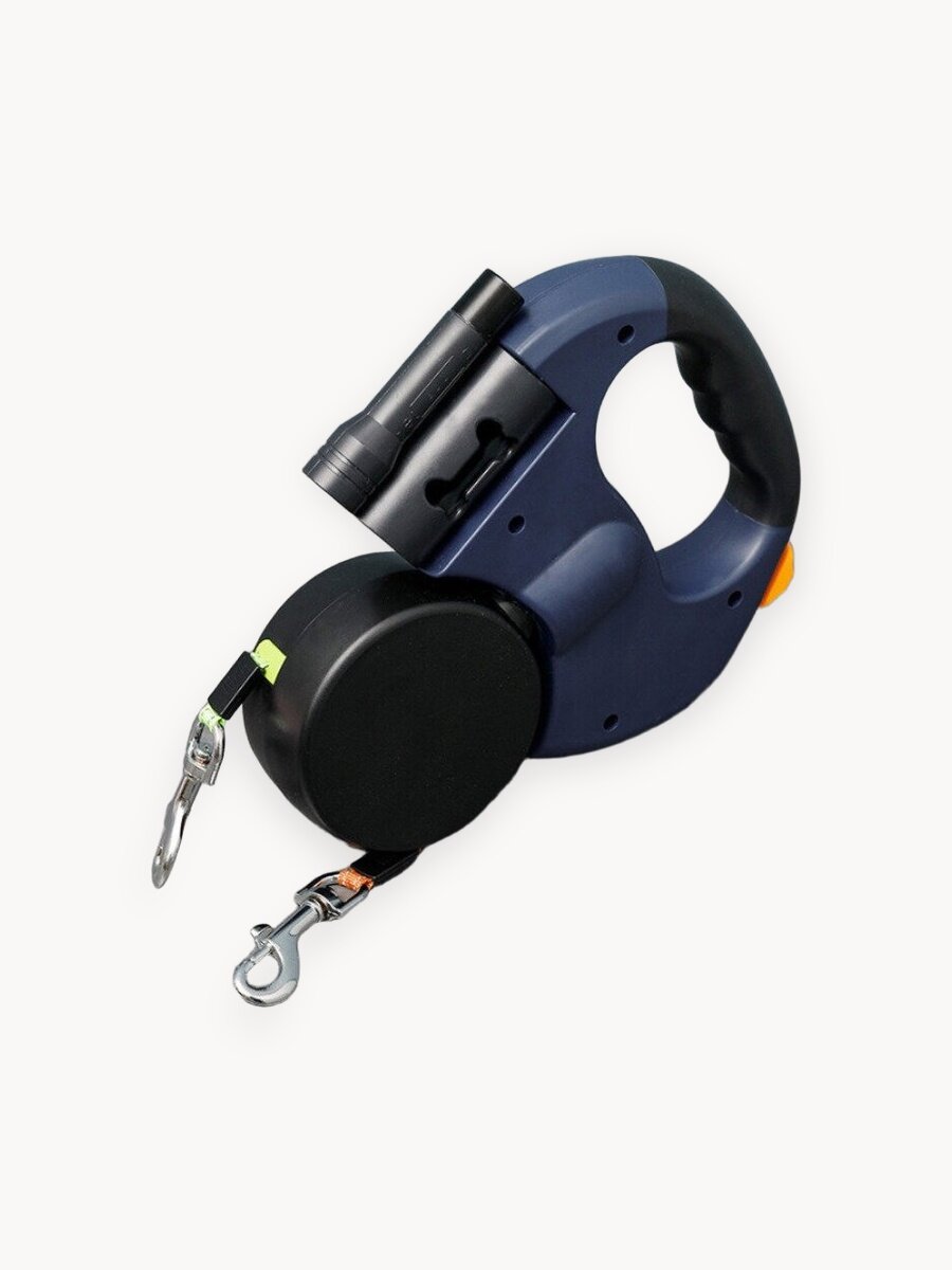 Поводок рулетка для для двух собак, 3м с фонарём и емкостью для мешков, сворка для собак