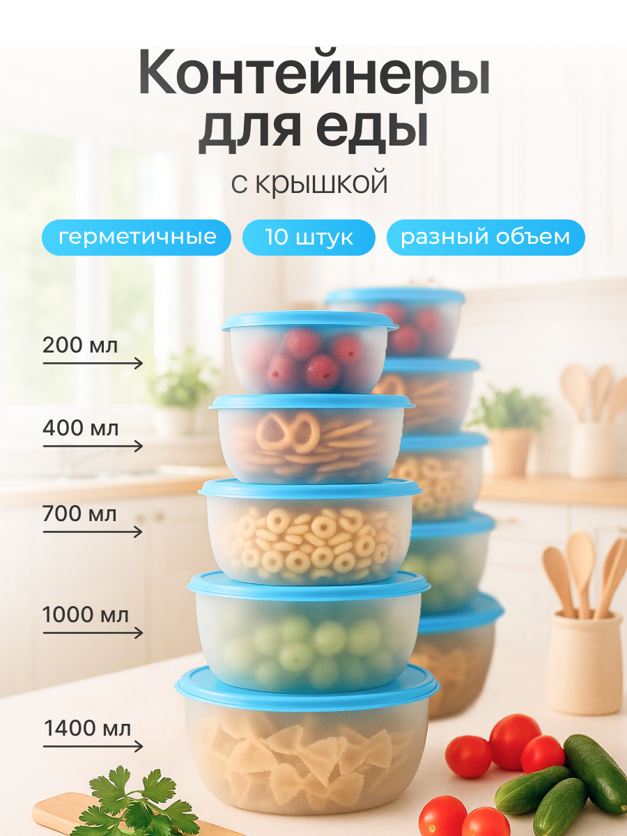 Контейнер для еды Редда, набор контейнеров с крышками, герметичный, ланч бокс, синий, 10 штук