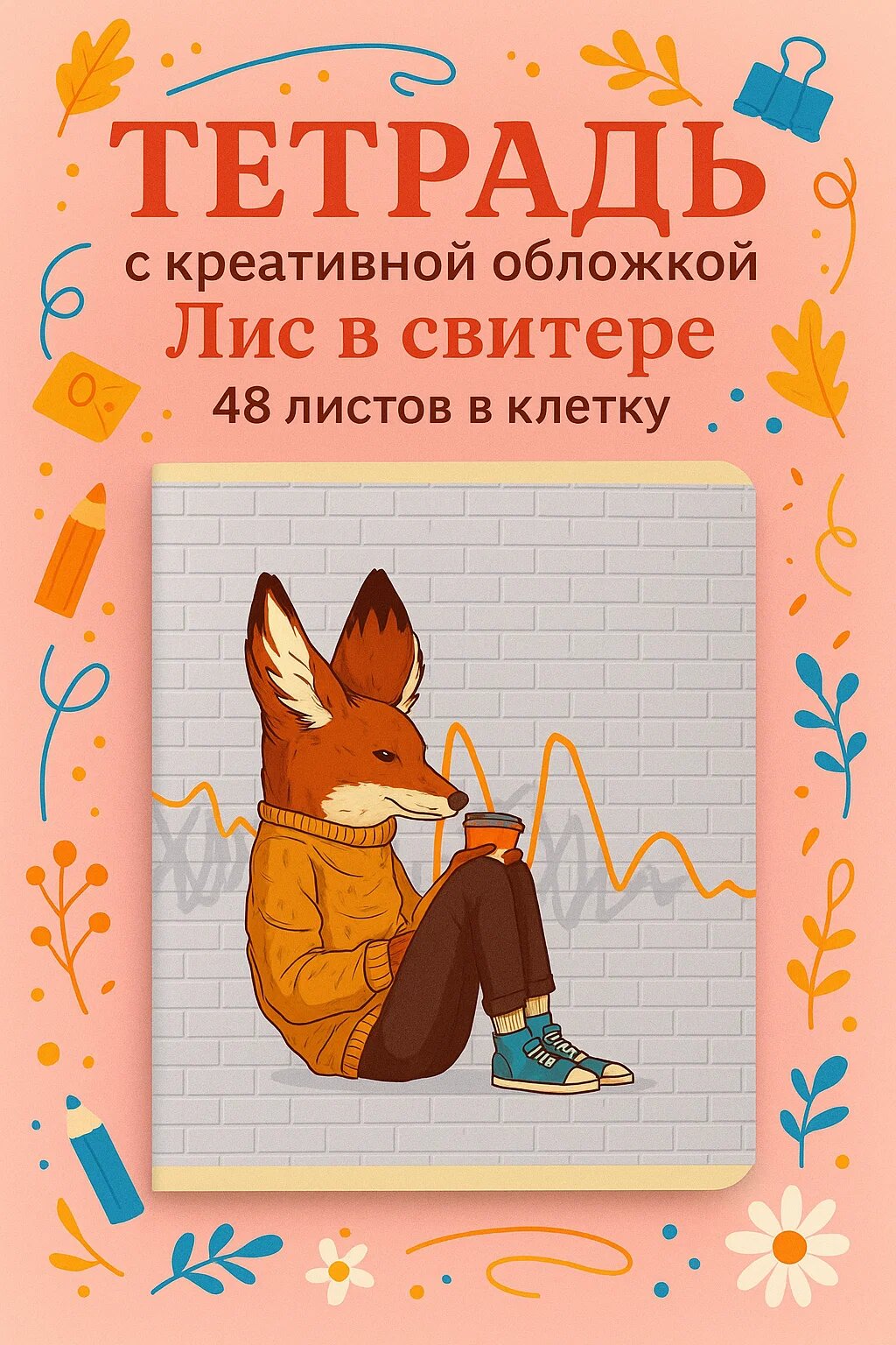 Тетрадь с креативной обложкой «Лис в свитере», 48 листов в клетку