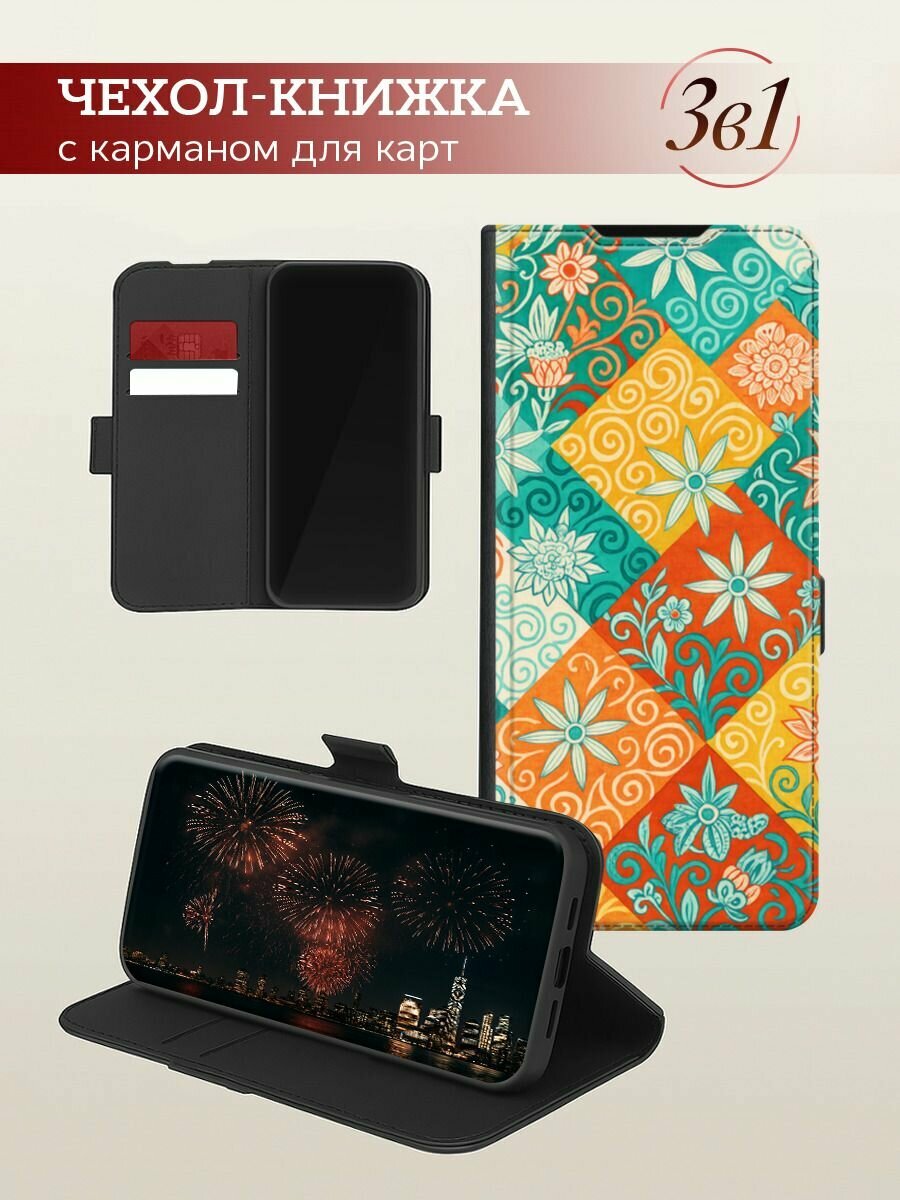 Чехол-книжка на Honor 90 Lite / Хонор 90 Лайт с принтом Цветочная мозаика, черный — фото 1