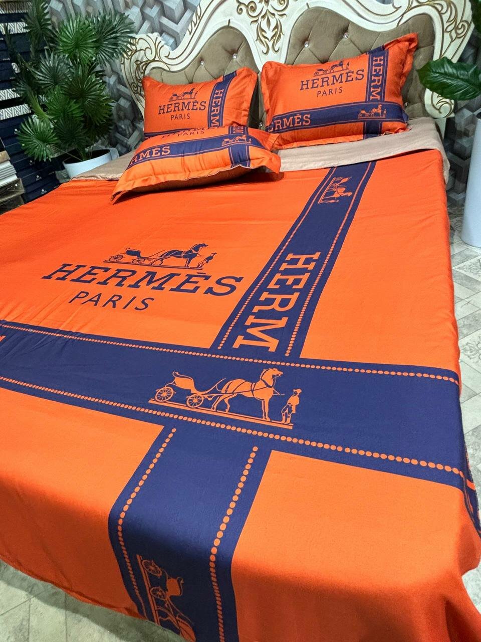 Постельное белье HERMES, 2 спальный комплект, хлопок, желтое, черное, коричневое