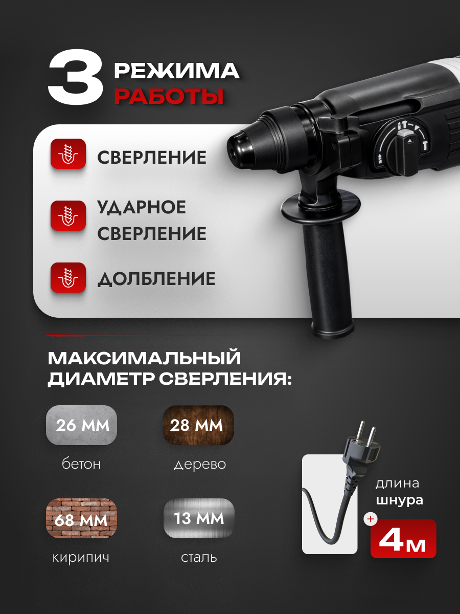 Трехрежимный перфоратор с антивибрацией ИНТЕРСКОЛ П-26/800АВС, 426.0.4.40 — фото 1