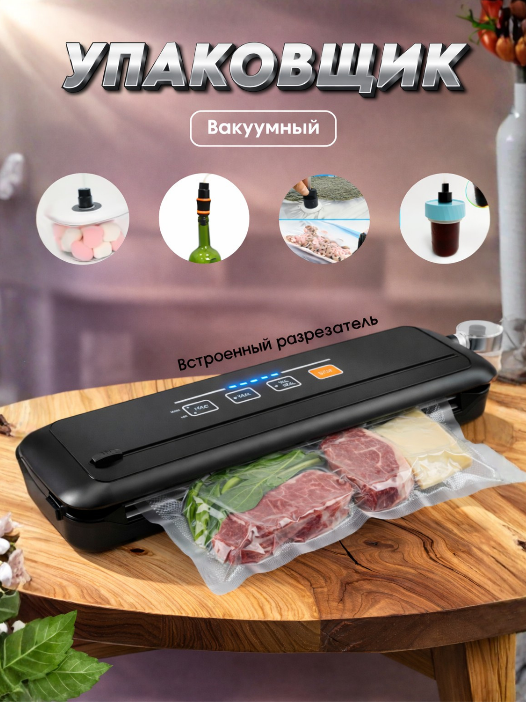 Портативный вакуумный упаковщик для продуктов с встроенным резаком и стартовым набором пакетов