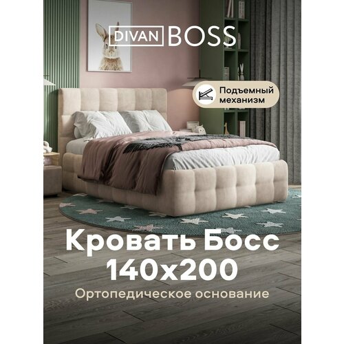 фото Двуспальная кровать босс, с подъемным механизмом, велюр monolit латте, спальное место 140х200 см много мебели