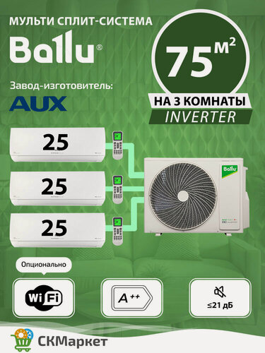 Изображение товара Мульти сплит система кондиционер на 3 комнаты (25+25+25) кв. м. Ballu Platinum Evolution BSUI-FM/in-09х3/ BA3OI-FM/out-27 HN8/EU, для помещений 75 кв. м, кондиционер инверторный