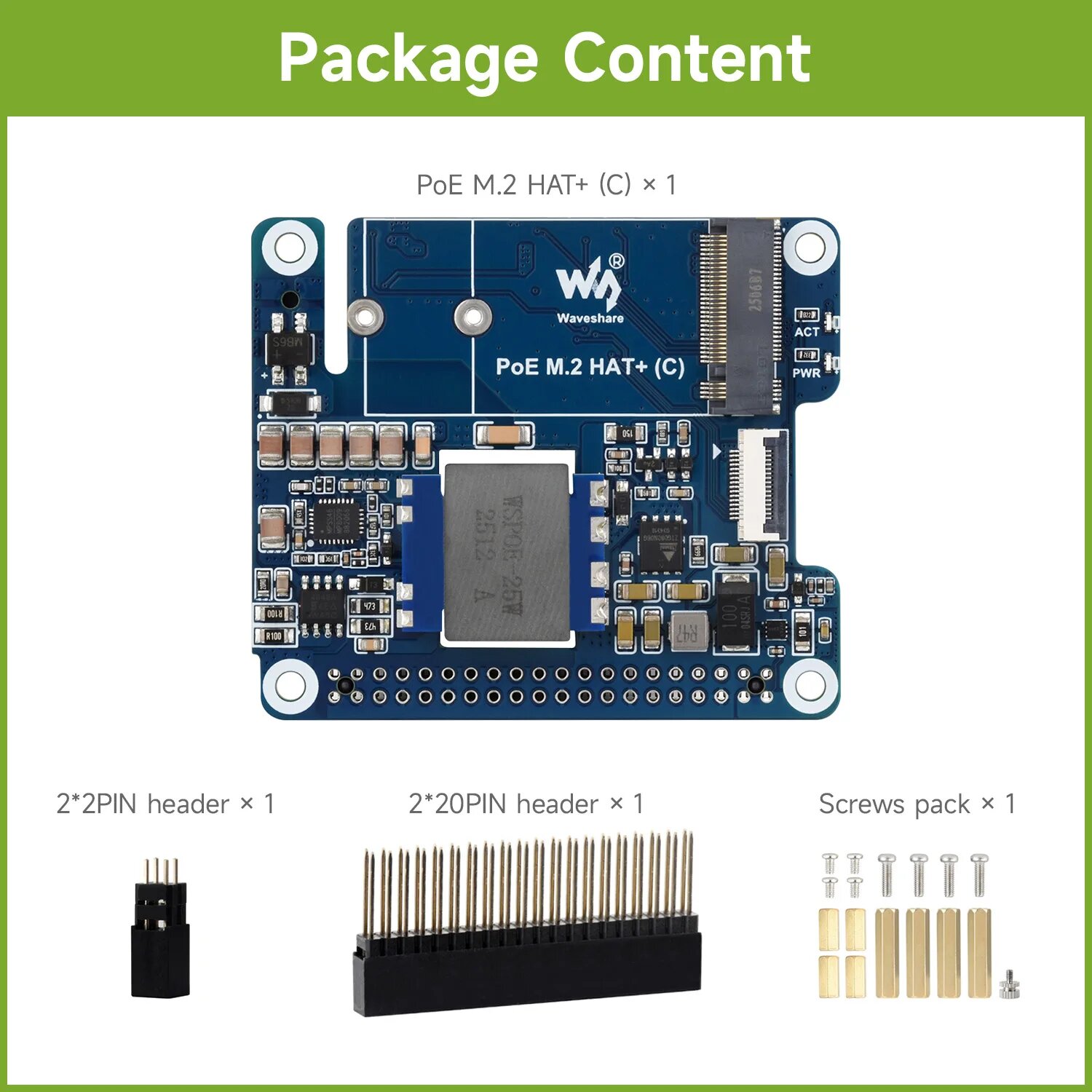 Waveshare PoE M.2 HAT+ (C) адаптер для Raspberry Pi 5