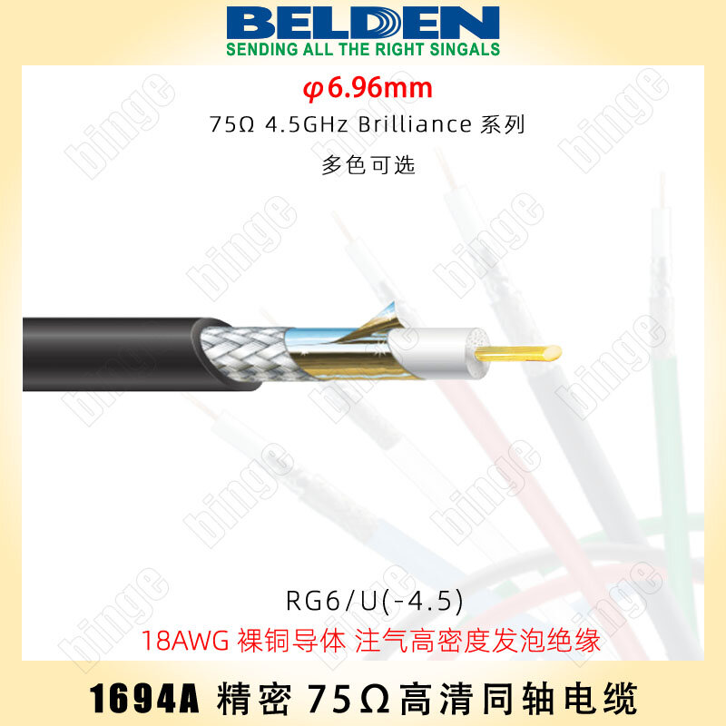 Кабель коаксиальный BELDEN 1694A RG6U 75 Ом 4.5G HD SDI для аудио и видео - Черный - 1м